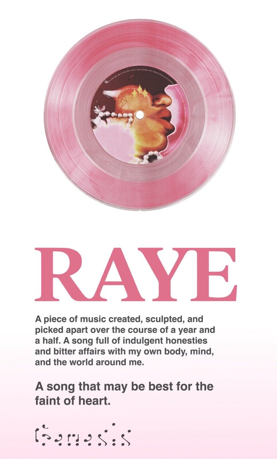 RAYE - GENESIS 7” SINGLE BABY PINK VINYL, Ships From US 🇺🇸