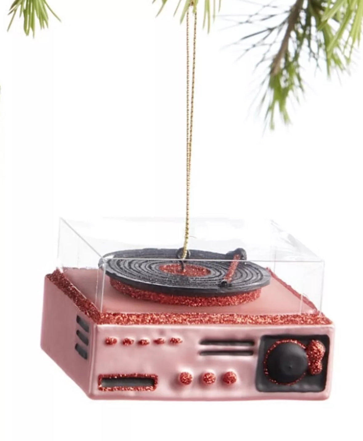 Nostalgic 3” Pink Glass Record Player Ornament Turntable