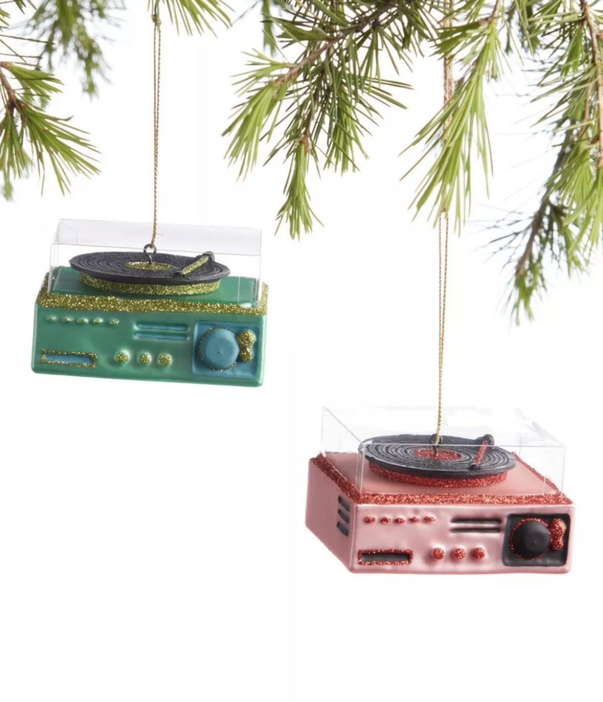 Two 3” Glass Record Player Ornament Nostalgic Turntable (Pink & Green)