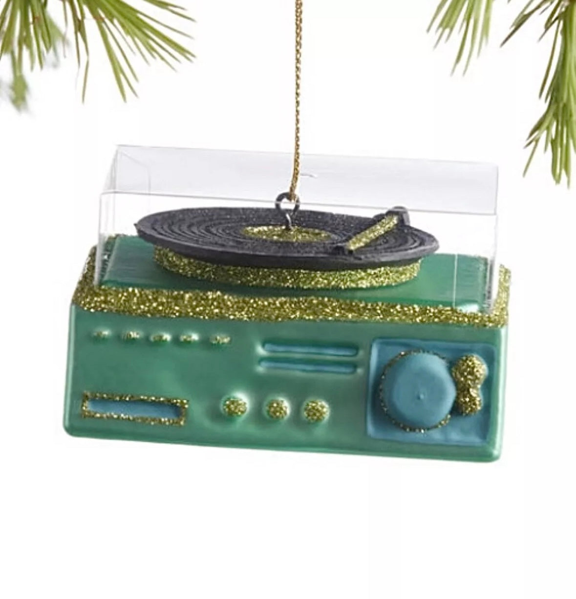 Nostalgic 3” Green Glass Record Player Ornament Turntable
