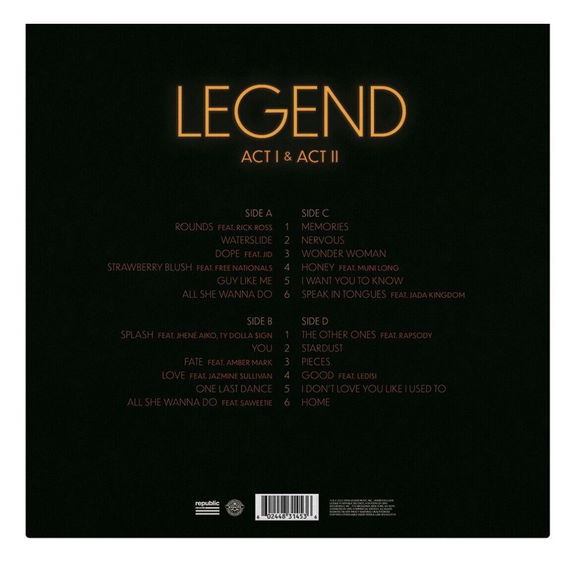 John Legend "LEGEND ACT 1 & 2" 2X LP NEW SEALED MINT Vinyl ORANGE B0036537-01